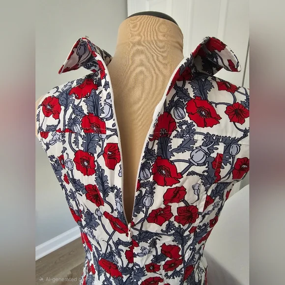 Brooks Brothers  Red Fleece Red and Blue Floral Midi Dress Sz 4 - Picture 4 of 7